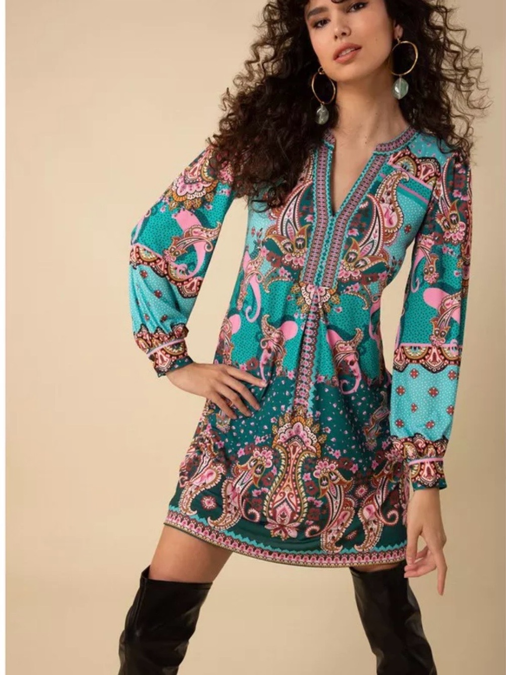 Hale Bob Teal & Pink Paisley V-Neck Dress